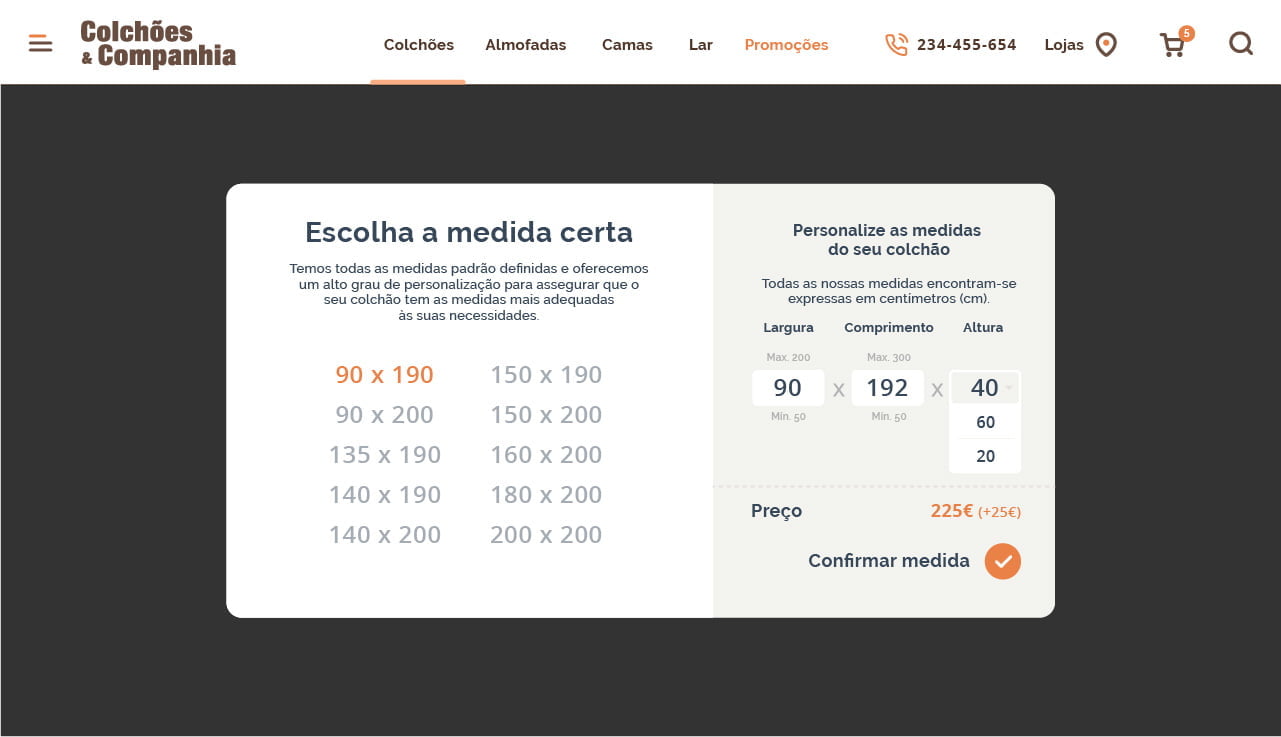 Colchões&Companhia, Matresses · E-commerce modal sizes · OURS.pt